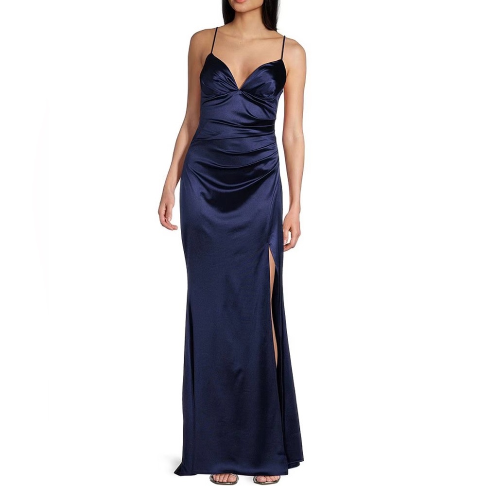 Navy Blue Satin Prom Dress